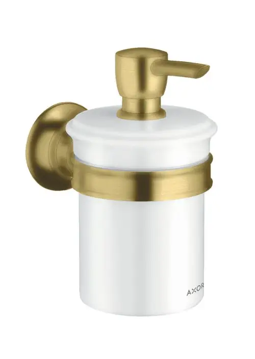 Wandmontierter Spender mit einem weißen Behälter und einer goldenen Metalloberfläche, präsentiert von AXOR. Ideal zur Verwendung für Lotionen oder Flüssigseifen.
